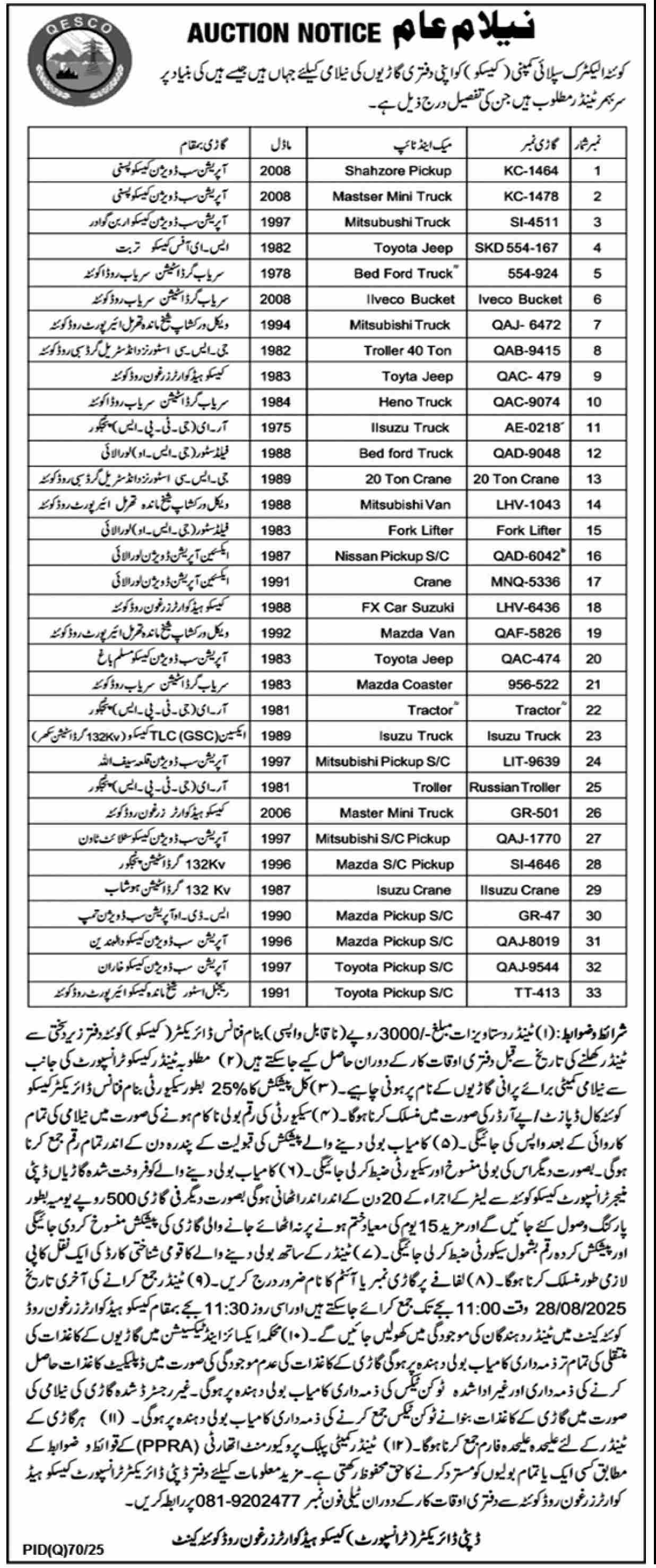 Quetta Electric Supply Company Tender Notice